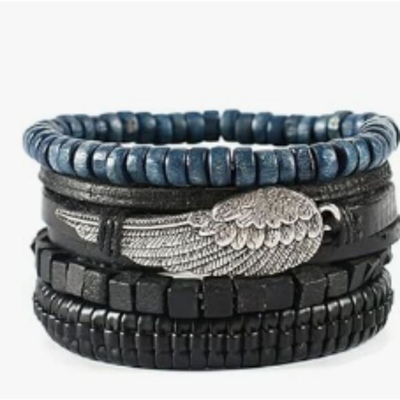 Men's leather bracelets set 4pc layered braided beaded wings new e52 - Picture 1 of 1